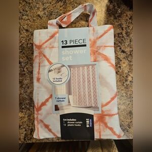 Coral Peach And White Shower Curtain Set With Hooks